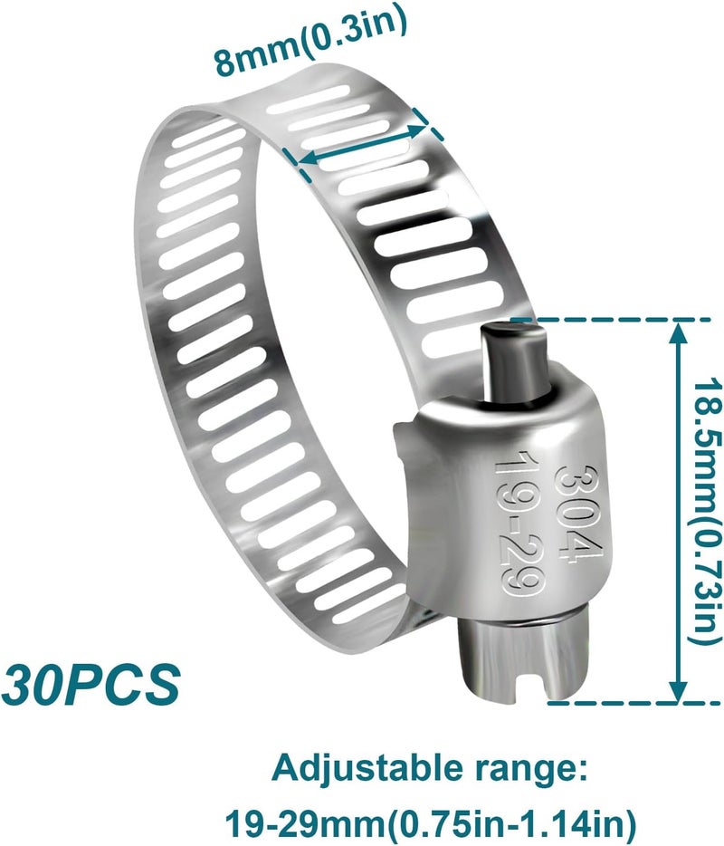 SDZONGES Hose Clamp, 30PCS Fuel Line Clamp, 3/4 inch to 1 1/8 inch Radiator Hose Clamps, Hose Clamps Stainless Steel(19-29mm). - Image 2